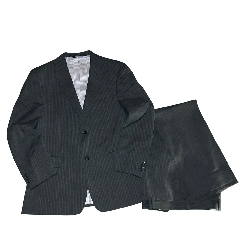 Tommy Hilfiger Mens 100% Wool Pinstripe Suit Charcoal Grey 40R Jacket 34R Pants